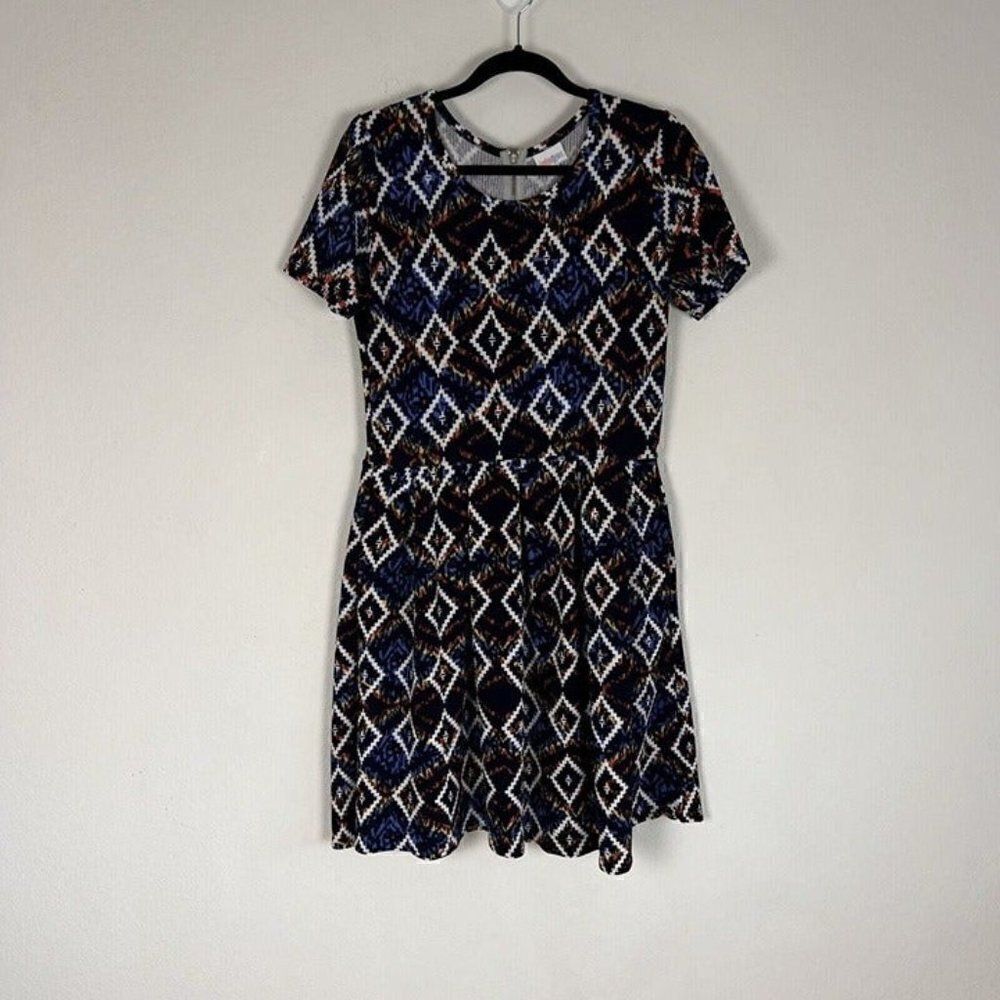 Lularoe Amelia Pleated Fit & Flare Stretch Midi Dress Aztec Lrg Tribal Unicorn